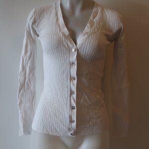 Womens Lara Knit White V-Neck Ribbed Cardigan Sweater L *